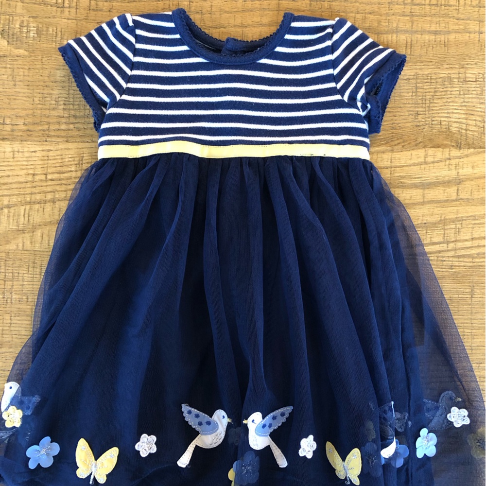 Jojo Maman Bebe Navy Blue Bird Dress, Size 12-18 Mo
